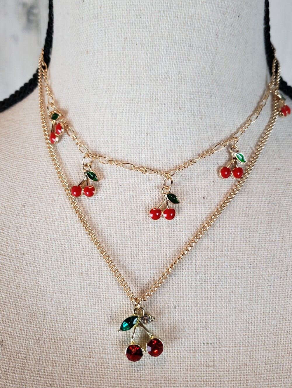 Gold Cherry Charm Layered Necklace - Red & Green